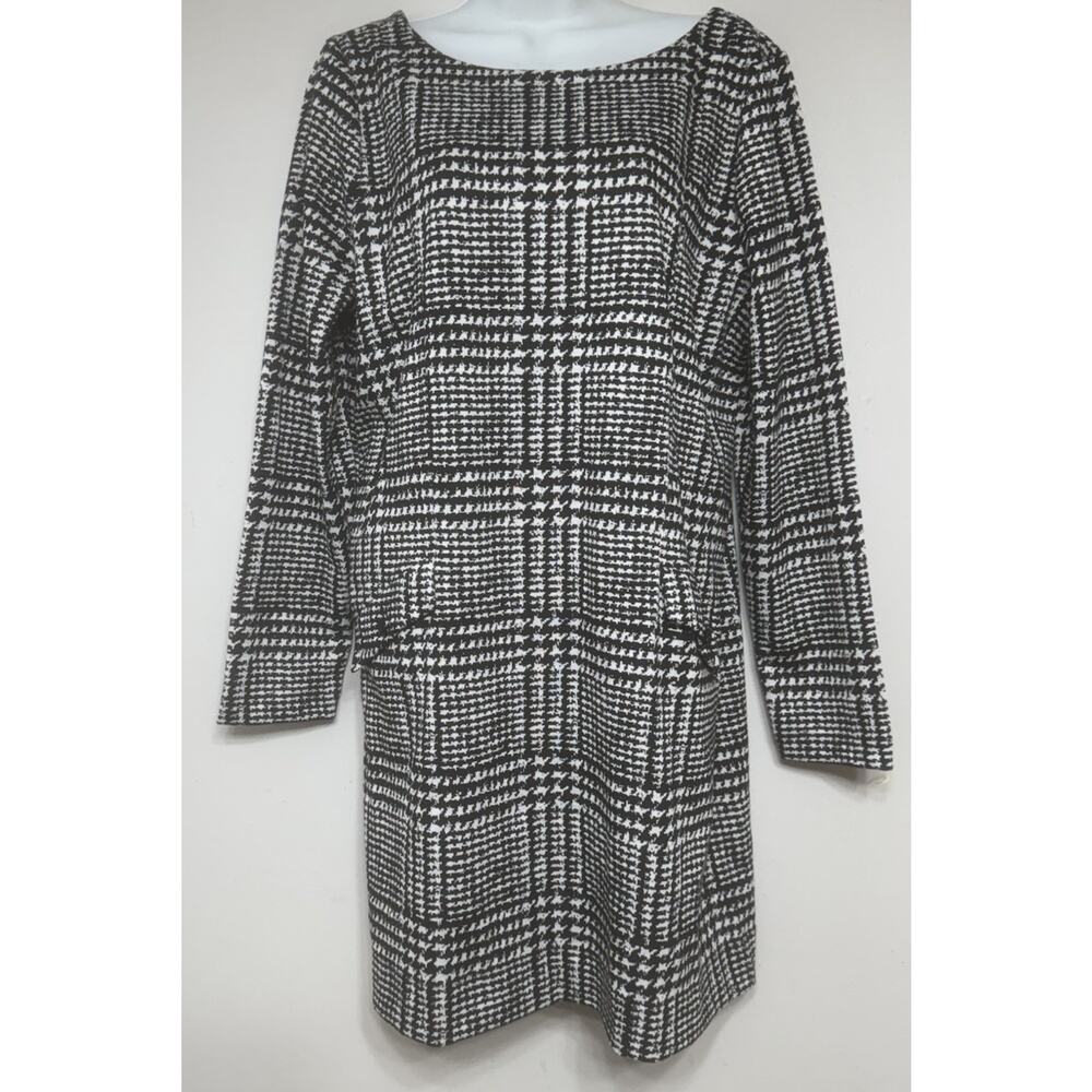 Loft Shift Dress Knit Long Sleeve Black White Houndstooth Women’s Size 14 NEW
